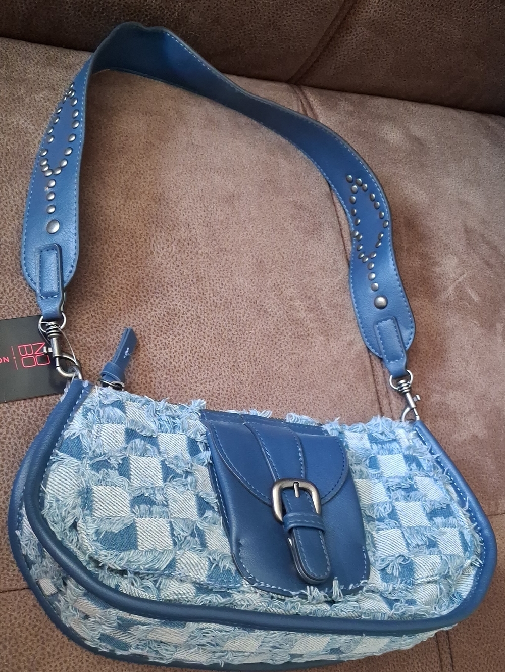 No Boundaries Blue Checker Denim Fringe Shoulder Bag With Pockets